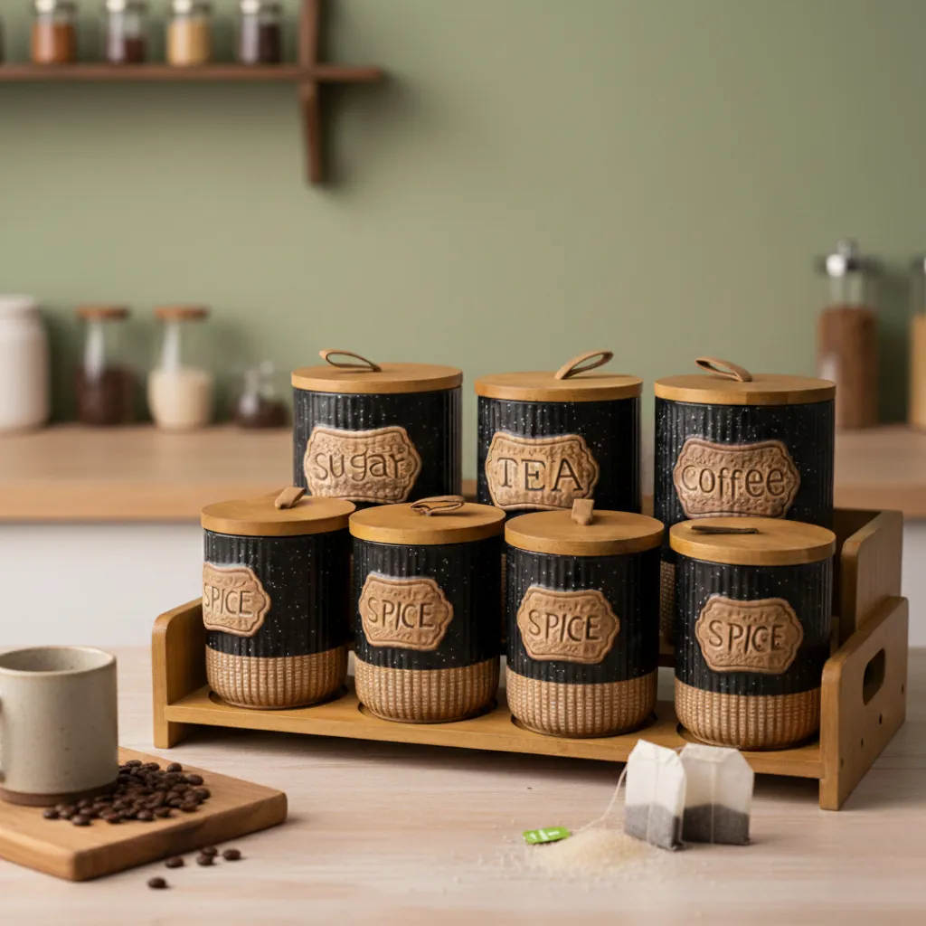 Porte Épices en Céramique avec Support Bois – 7 Pots