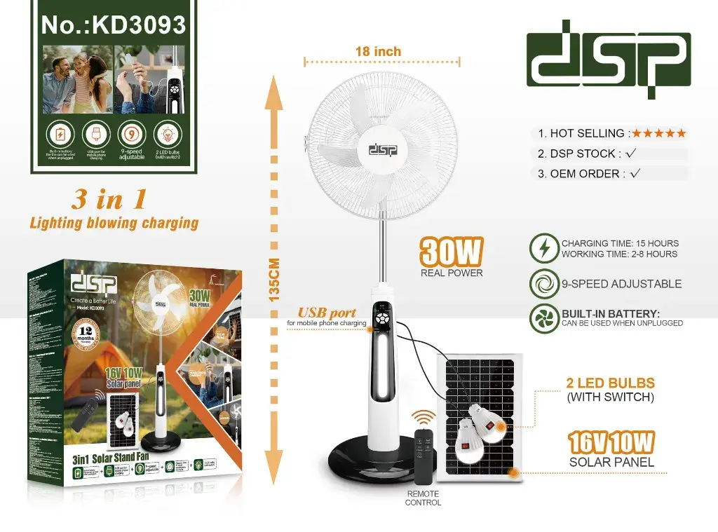 Ventilateur solaire intelligent 3en1 dsp KD3093