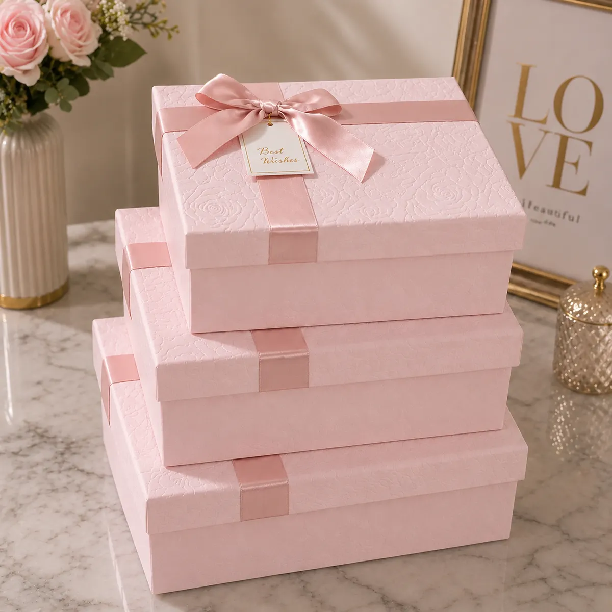 Box cadeau 3pcs rectangle avec ruban ELG1-5 - Rose