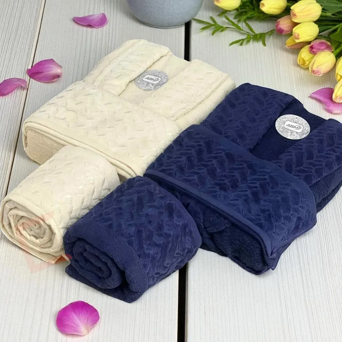 Cap de bain Homme et Femme  6 Piéces Velour ABM Aricha  - Bleu / Blanc cassé