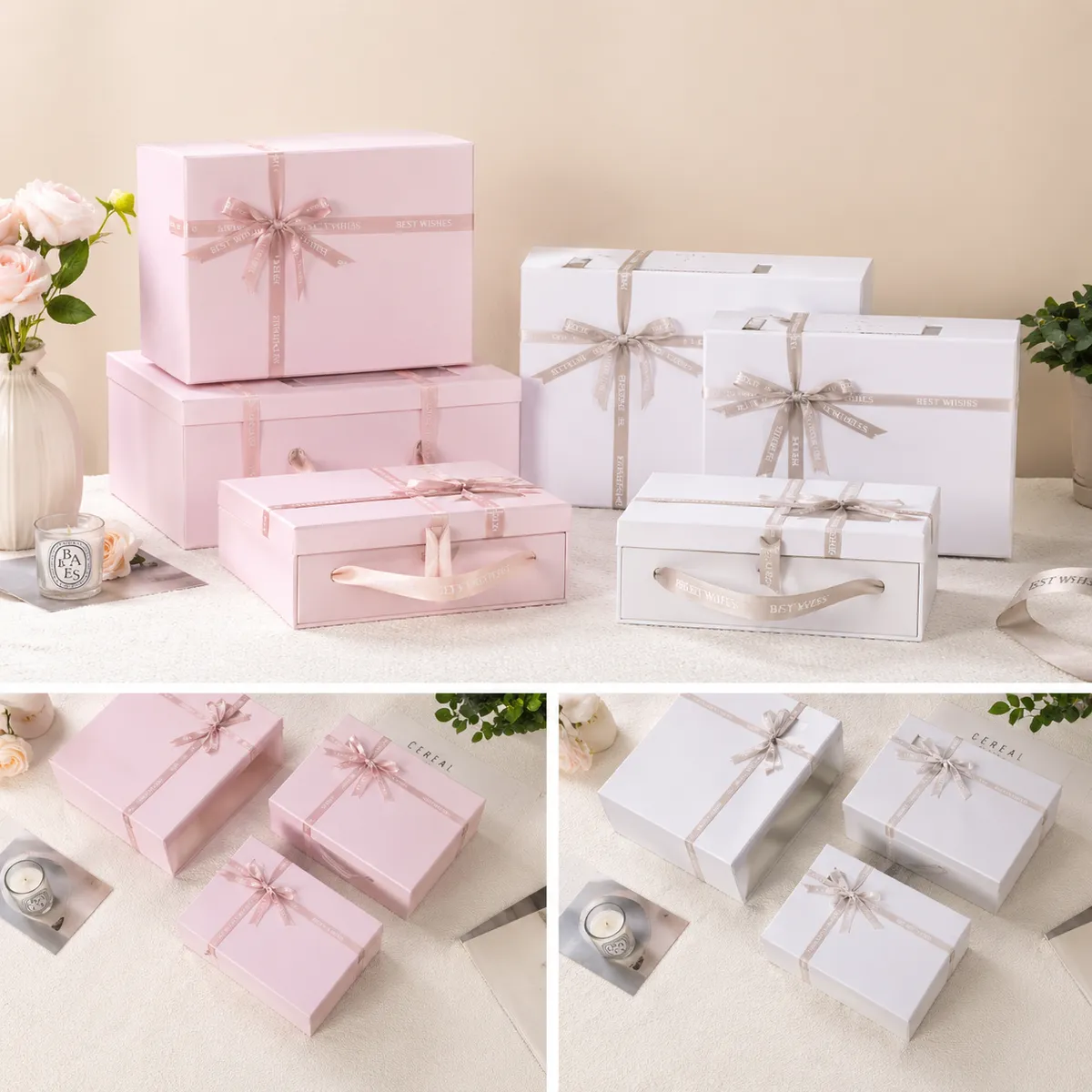 Coffret Cadeau 3pcs avec Ruban – Rose & Blanc  ELG1-1