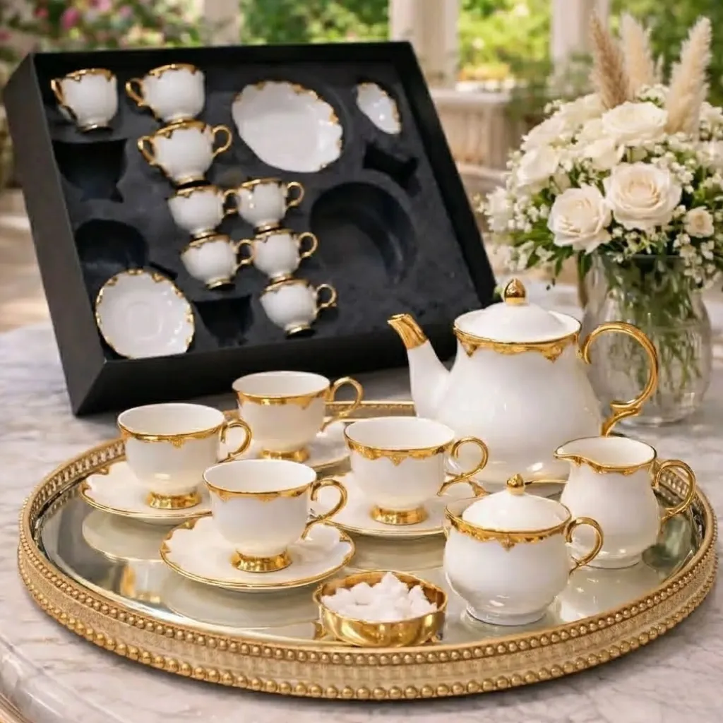 Service à Café 29 Pièces – Modèle Tej Blanc & Doré