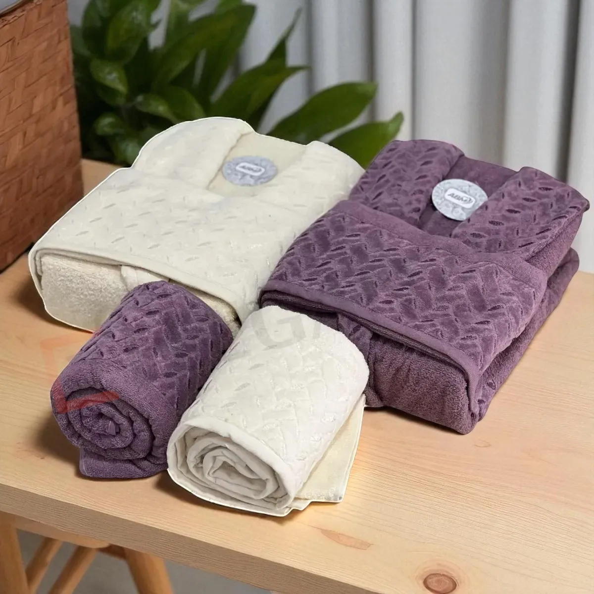 Cap de bain Homme et Femme  6 Piéces Velour ABM Aricha  - Violet / Blanc cassé