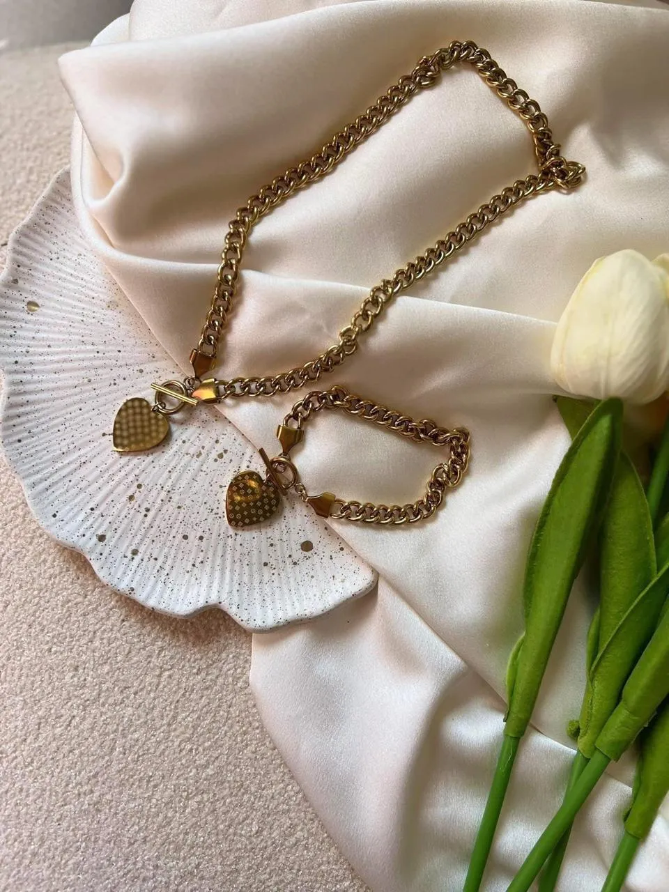 Parure Cœur Doré – Acier Inoxydable