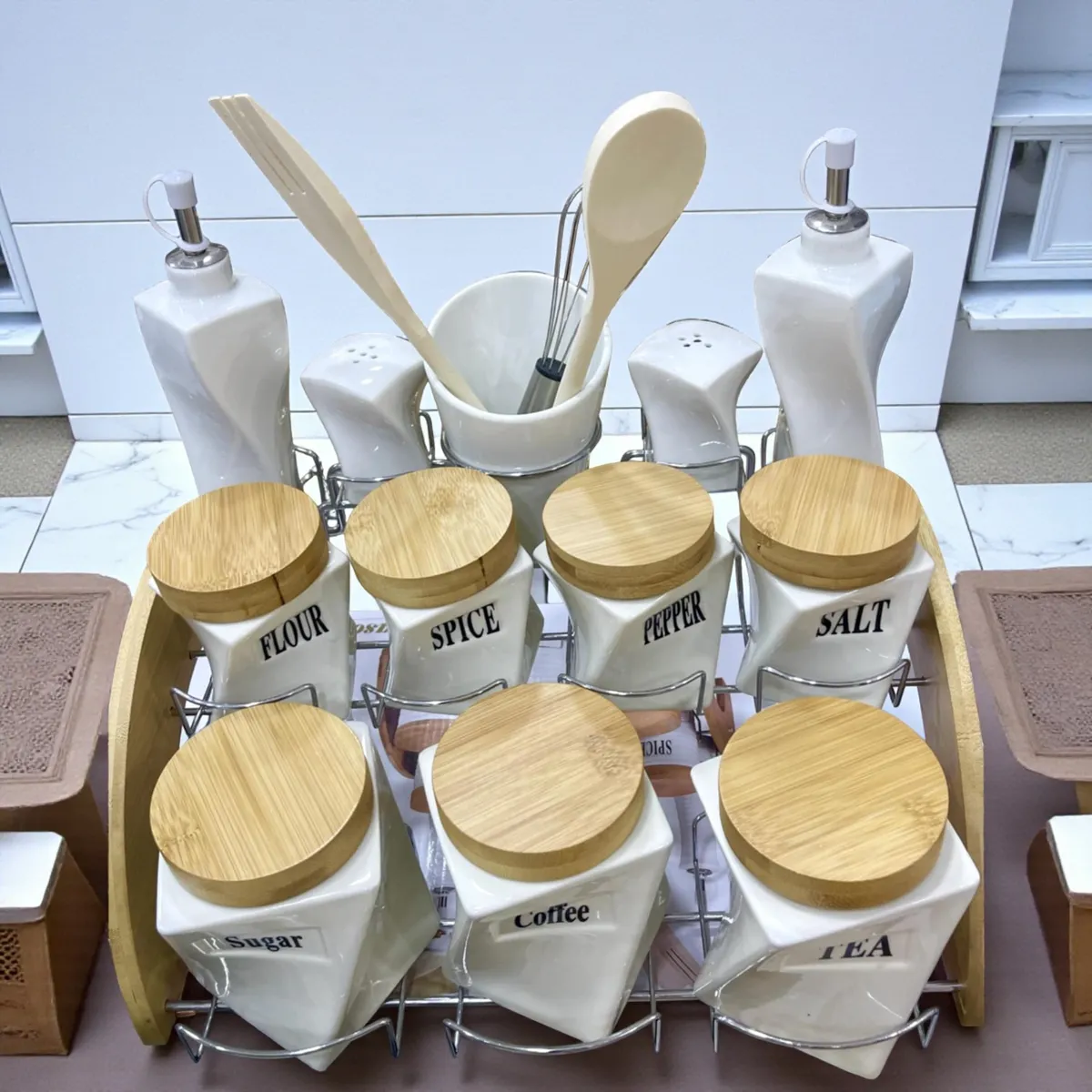 Porte épices Complet en Céramique Blanche et Bambou - PE004