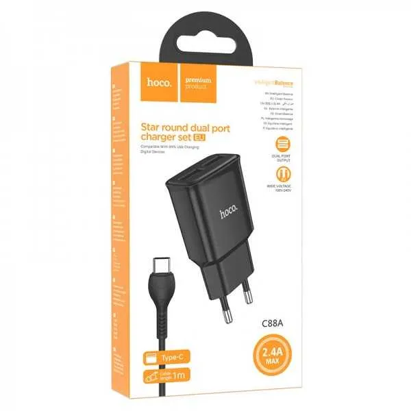 CHARGEUR HOCO C88A 2.4A POUR TYPE C 2 PORTS USB
