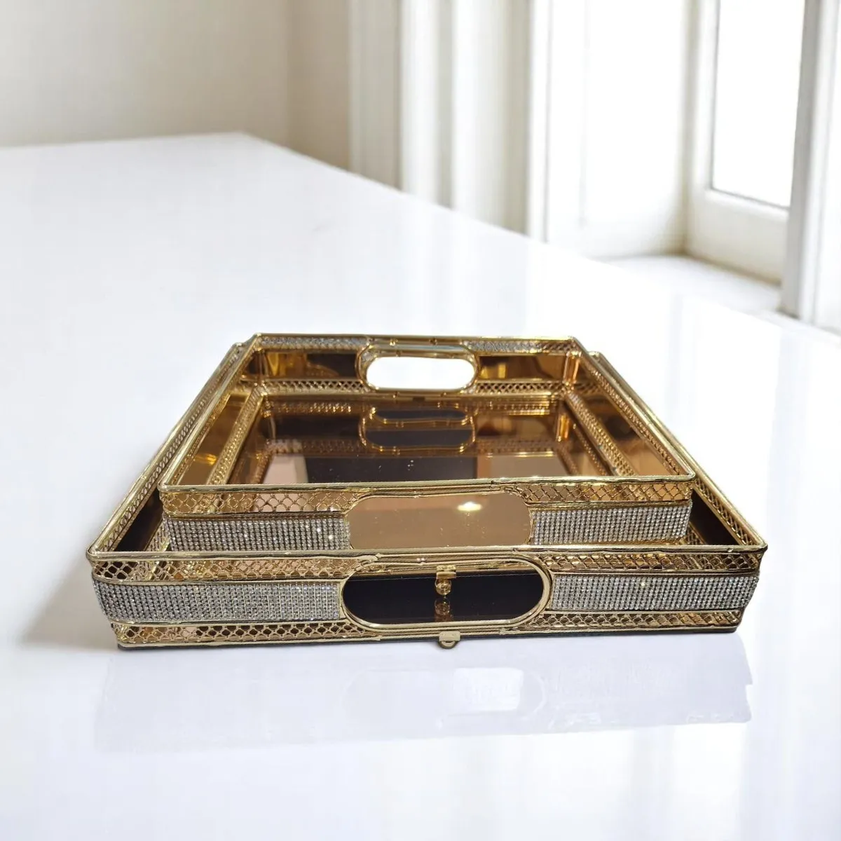 Set de 2 Plateaux  doré fond miroir