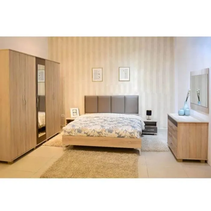 Chambre Adulte SARRA 190x160cm 5 Portes - Chêne Brut / Moka