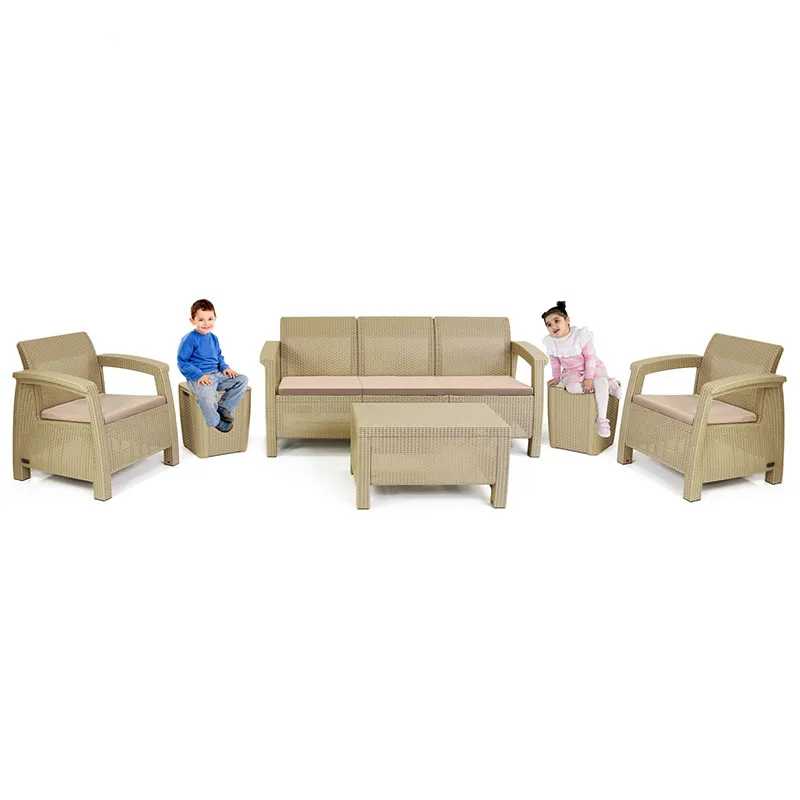 Salon de Jardin Carthage 5 Places Grège avec Coussins