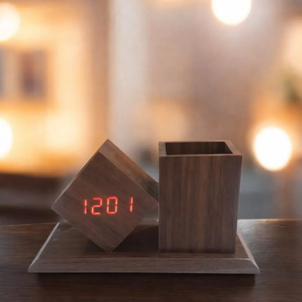 Réveil Numérique LED Design Bois avec Porte-Stylos