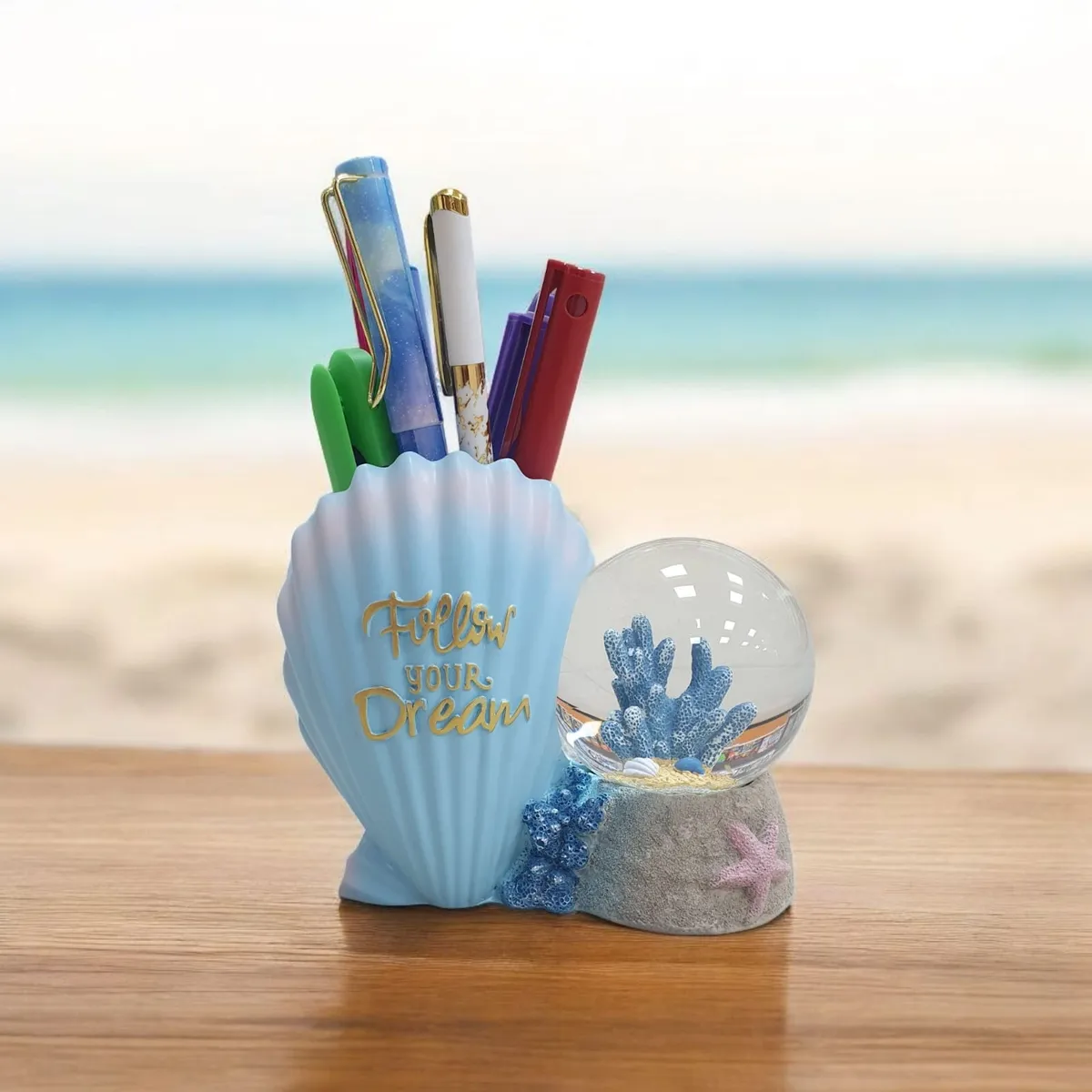 Porte-stylo coquillage avec boule de neige étoile de mer – Follow Your Dream