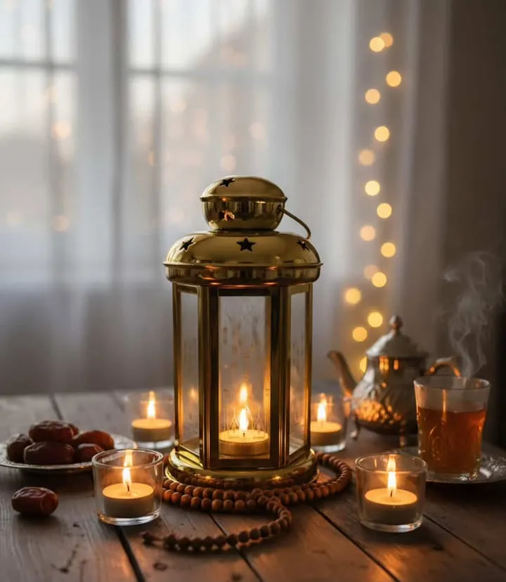 Lanterne décorative dorée avec lumière LED intégrée