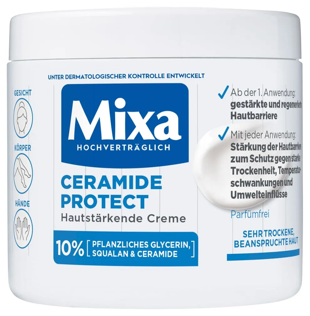 Mixa Céramide Crème Renforçante pour la Peau à Humidité Profonde Prévient Peau Sèche et Stressée sur le Visage Corps et les Mains 400 ml
