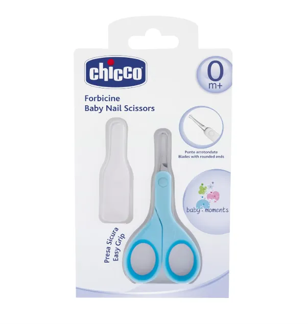Ciseaux à ongles Chicco pour bébés et enfants, ciseaux pour bébés en acier inoxydable avec lames courbées et pointes rondes, étui de protection, poignée en caoutchouc antidérapante, accessoires pour bébés à partir de 0 mois.