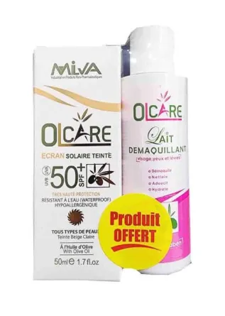 Milva olcare ecran solaire teinte beige claire spf 50+ 50 ml + Lait démaquillante 100 ml offert