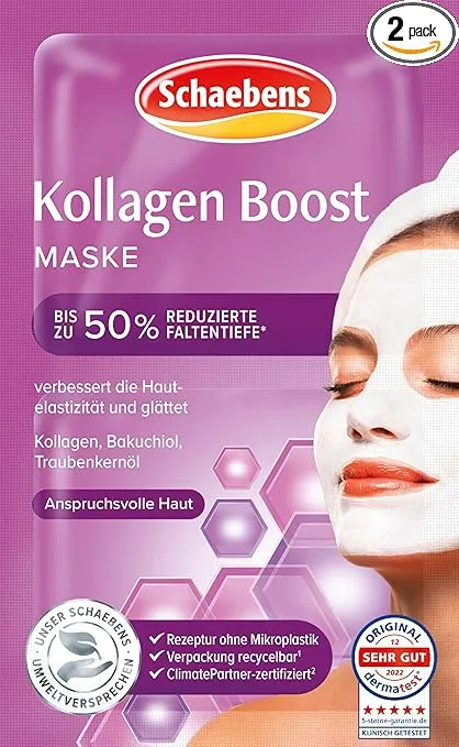Schaebens Masque de collagène Boost - Soin intensif pour une peau plus lisse et plus jeune avec collagène, bakuchiol et huile de pépins de raisin pour les peaux exigeantes - 2 applications
