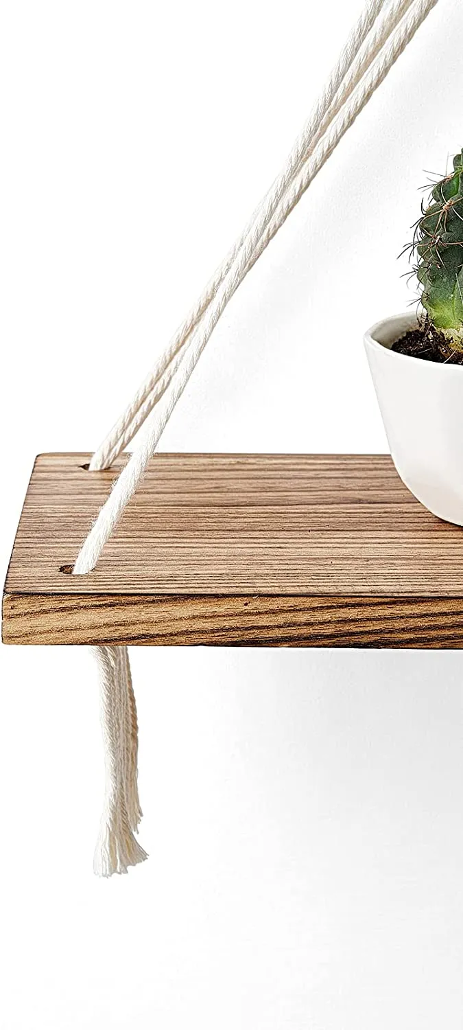 Étagère DOUBLE murale suspendue en bois rustique avec corde