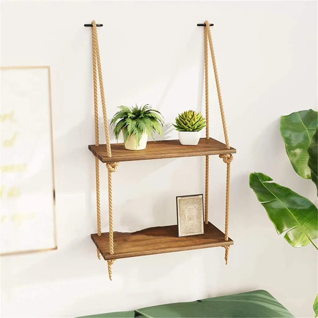 Étagère DOUBLE murale suspendue en bois rustique avec corde