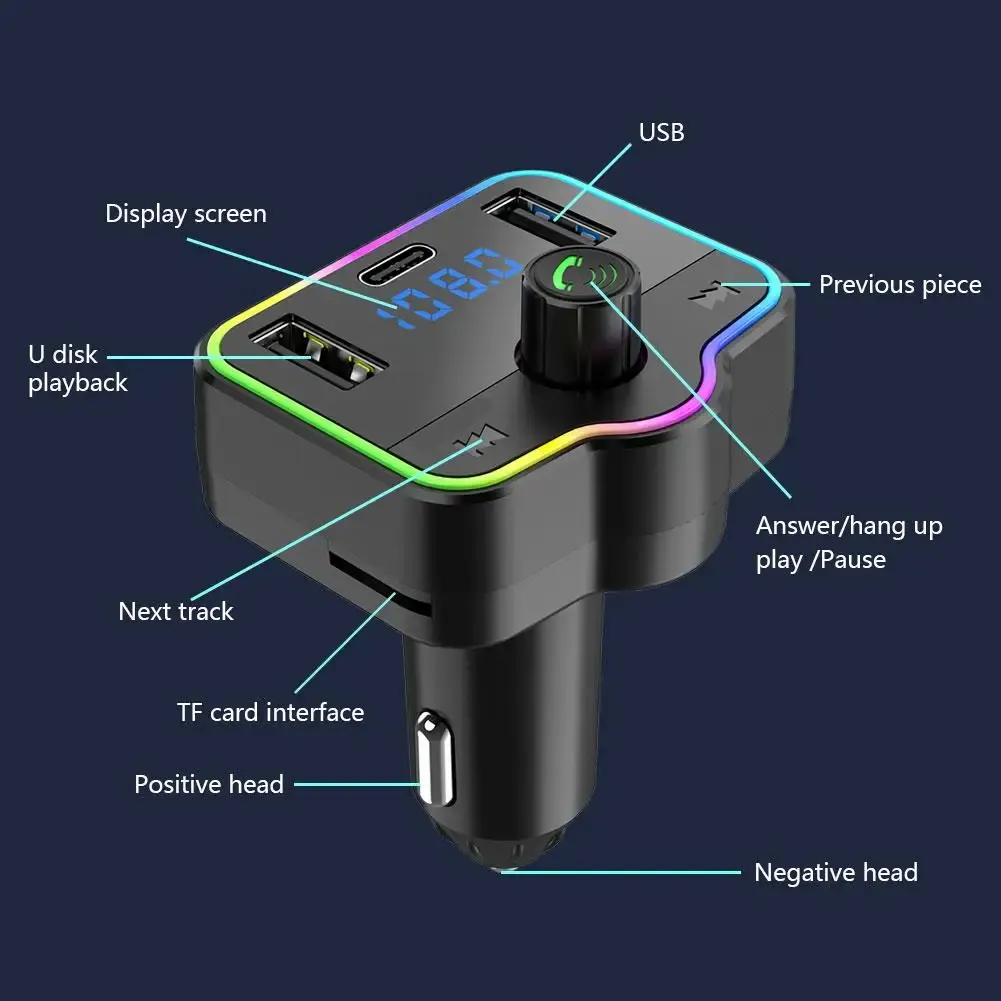 Car Bluetooth 5.0 FM Type-C Dual USB 3.1A Fast Charger Colorful