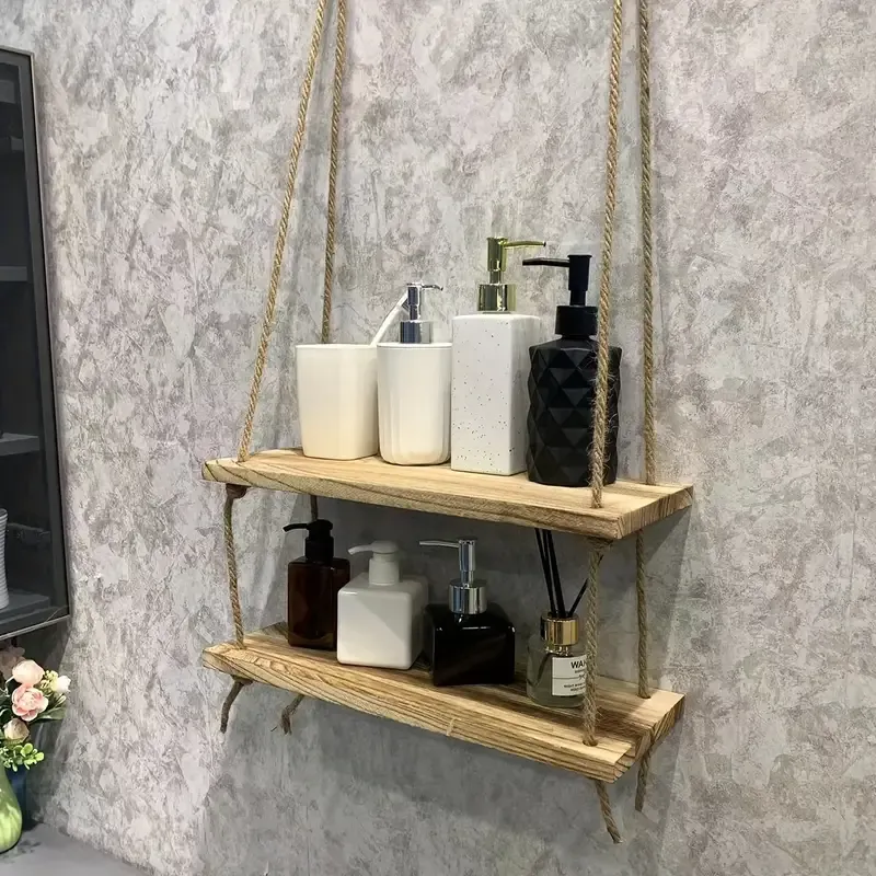 Étagère DOUBLE murale suspendue en bois rustique avec corde