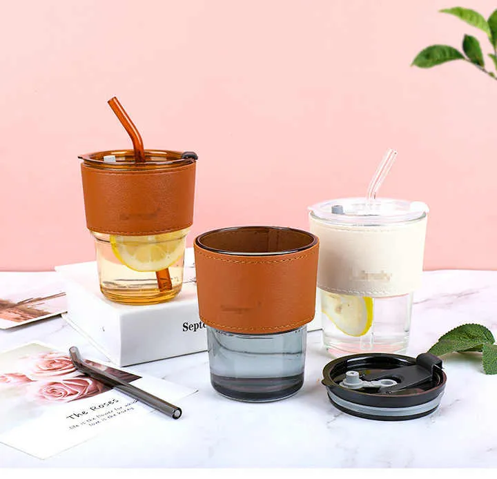 Tasse en verre avec couvercle et pailles anti-fuite