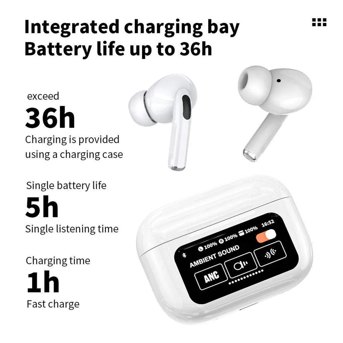 A10 Pro Earphone Touch Screen Wireless Bluetooth 5.4 Headphone ANC/ENC