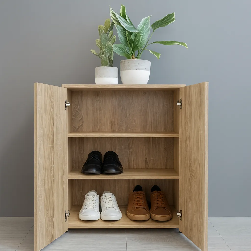 Meuble à Chaussures Bas Bois Clair – 2 Portes, Rangement Multi-Niveaux