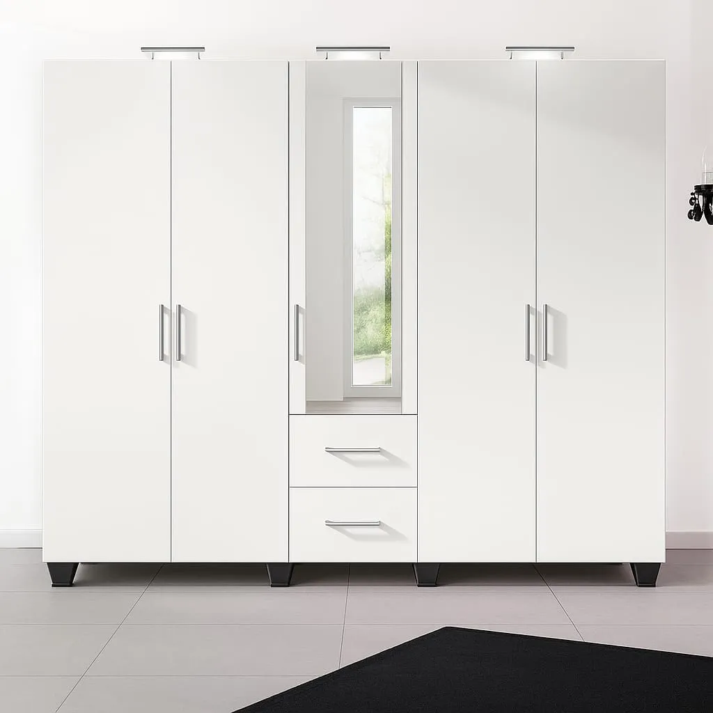 Dressing Penderie Blanc 5 Portes avec Miroir et Tiroirs – Meuble Chambre