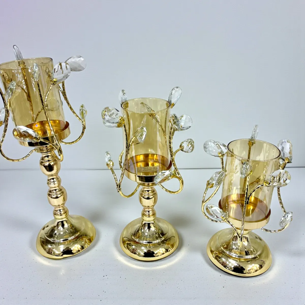 Set de 3 Bougeoirs Dorés avec Cristaux