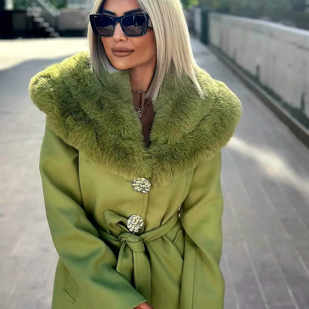 Manteau cachemire avec fourrure - Vert pistache