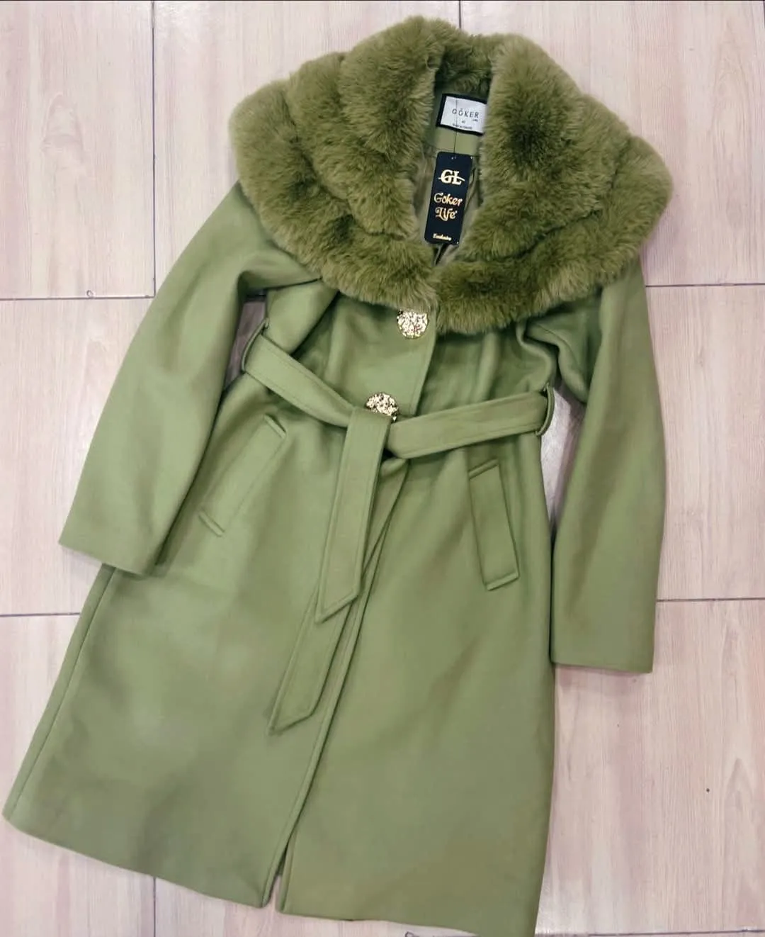 Manteau cachemire avec fourrure - Vert pistache
