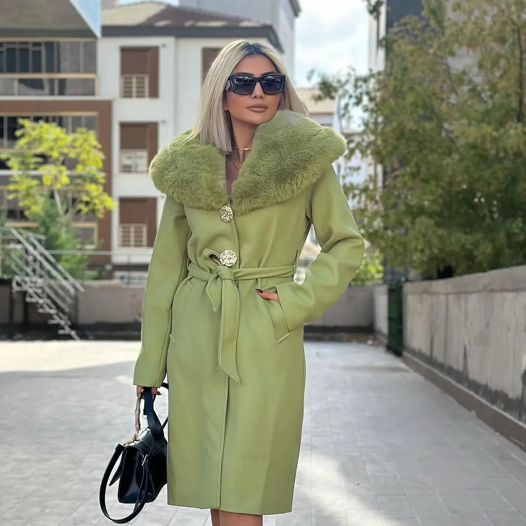 Manteau cachemire avec fourrure - Vert pistache