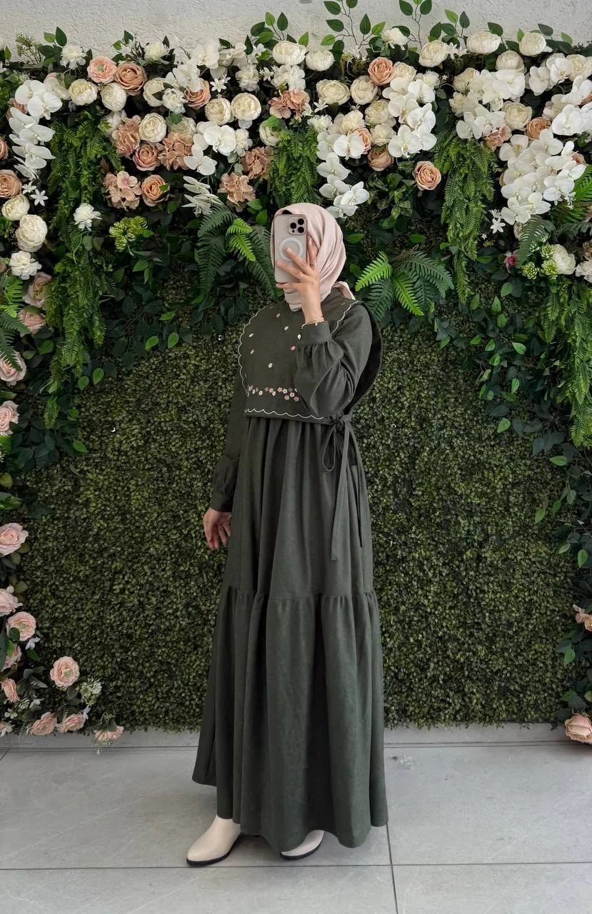 Robe dain avec touche fleuré 2pc - Vert