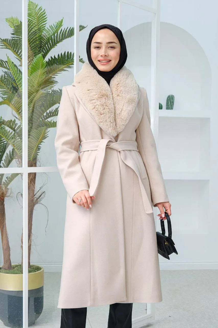 Manteau femme cachemire avec fourrure - Beige